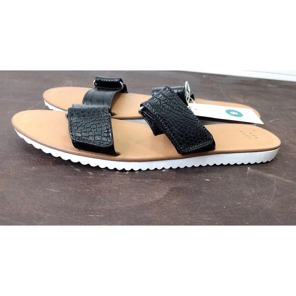 A New Day Womens Black Faux Crocodile Double‎ Strap Slide Sandals Size 9